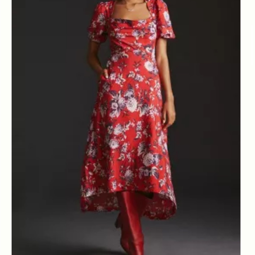 Anthropologie Maeve Floral Puff-sleeve midi dress